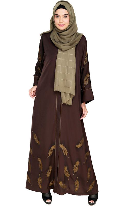 Feather Embroidered Dubai Style Dark Brown Abaya (Made-To-Order)