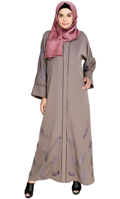 Feather Embroidered Dubai Style Light Brown Abaya