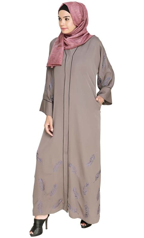 Feather Embroidered Dubai Style Light Brown Abaya
