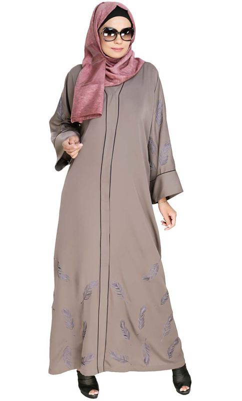 Feather Embroidered Dubai Style Light Brown Abaya