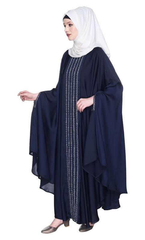 Festive Glittering Embroidered Kaftan In Blue (Made-To-Order)