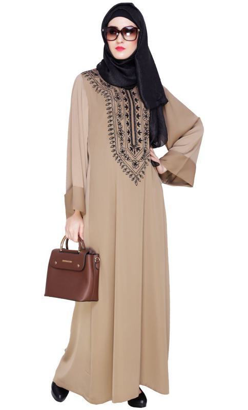 Floral Embellished Beige Dubai Style Abaya (Made-To-Order)