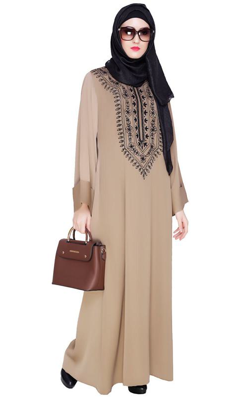 Floral Embellished Beige Dubai Style Abaya (Made-To-Order)