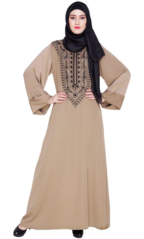 Floral Embellished Beige Dubai Style Abaya (Made-To-Order)