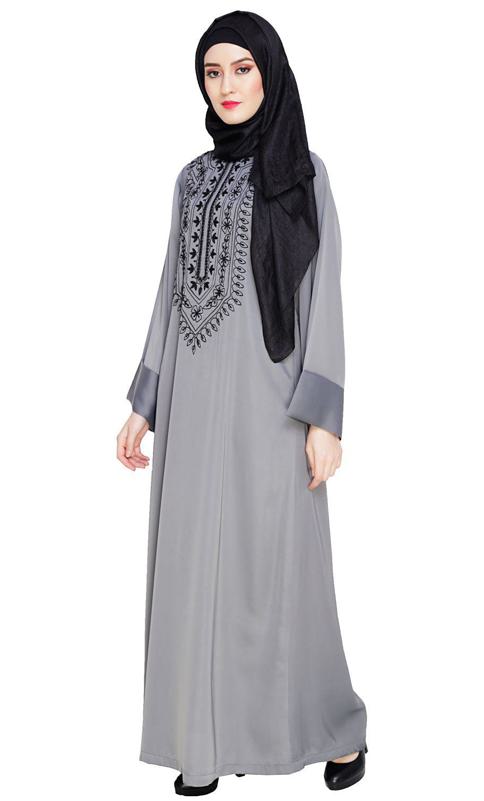 Floral Embellished Grey Dubai Style Abaya