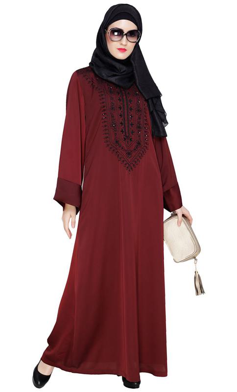 Floral Embellished Wine Dubai Style Abaya (Made-To-Order)