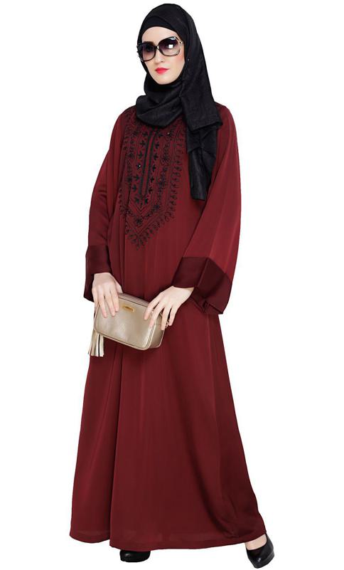 Floral Embellished Wine Dubai Style Abaya (Made-To-Order)
