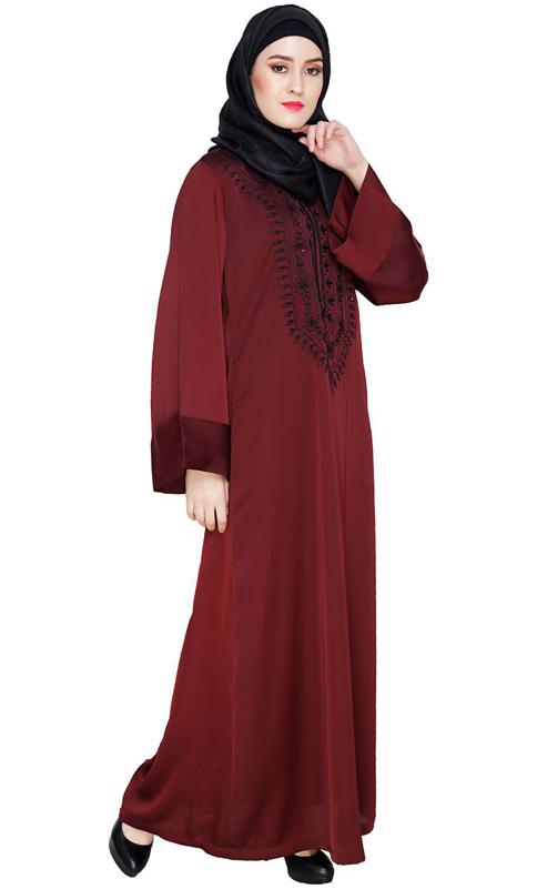 Floral Embellished Wine Dubai Style Abaya (Made-To-Order)