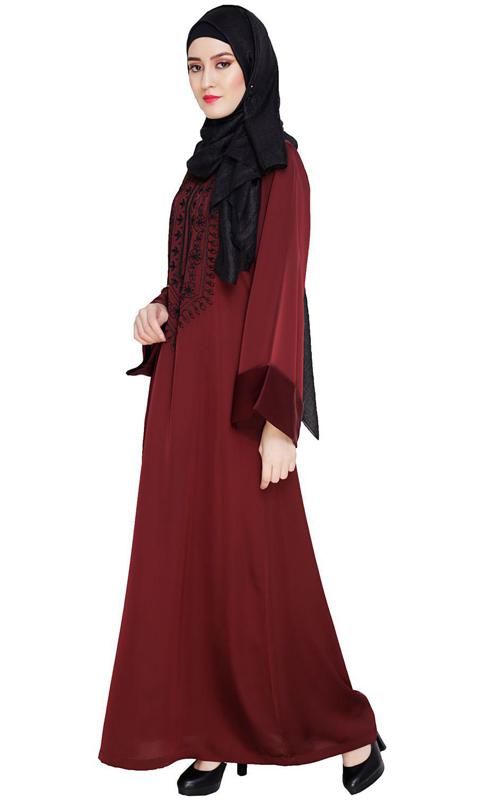 Floral Embellished Wine Dubai Style Abaya (Made-To-Order)