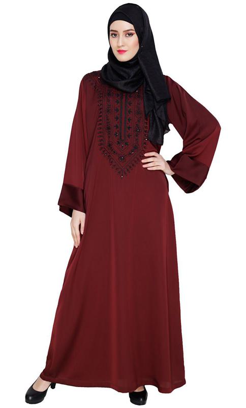 Floral Embellished Wine Dubai Style Abaya (Made-To-Order)