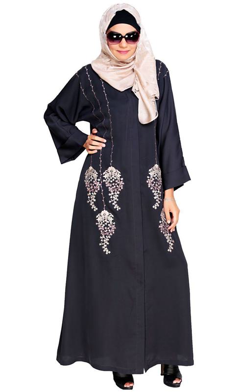 Floral Pendant Dubai Style Grey Abaya (Made-To-Order)