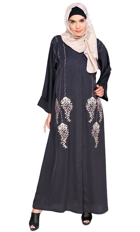 Floral Pendant Dubai Style Grey Abaya (Made-To-Order)
