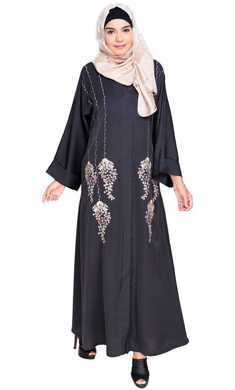 Floral Pendant Dubai Style Grey Abaya (Made-To-Order)