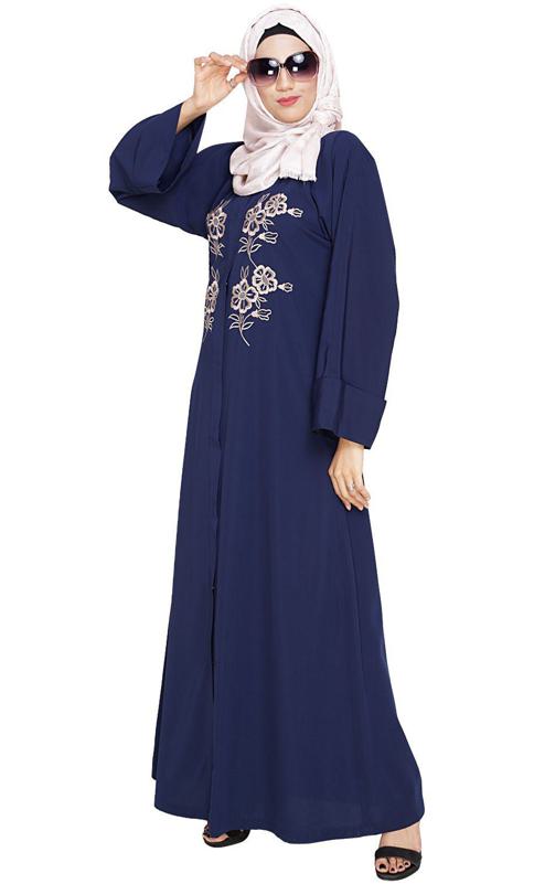 Floweret Embroidered Blue Dubai Style Abaya (Made-To-Order)