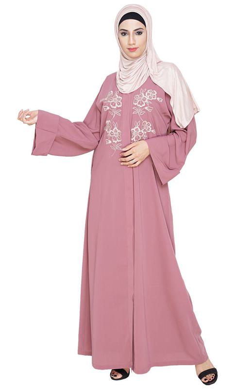 Floweret Embroidered Onion Pink Dubai Style Abaya
