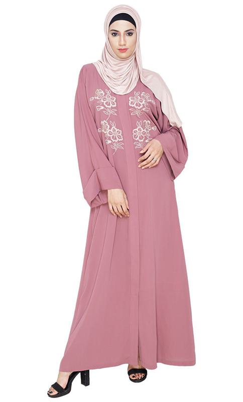 Floweret Embroidered Onion Pink Dubai Style Abaya
