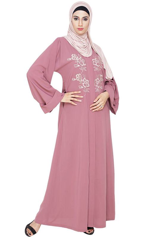 Floweret Embroidered Onion Pink Dubai Style Abaya