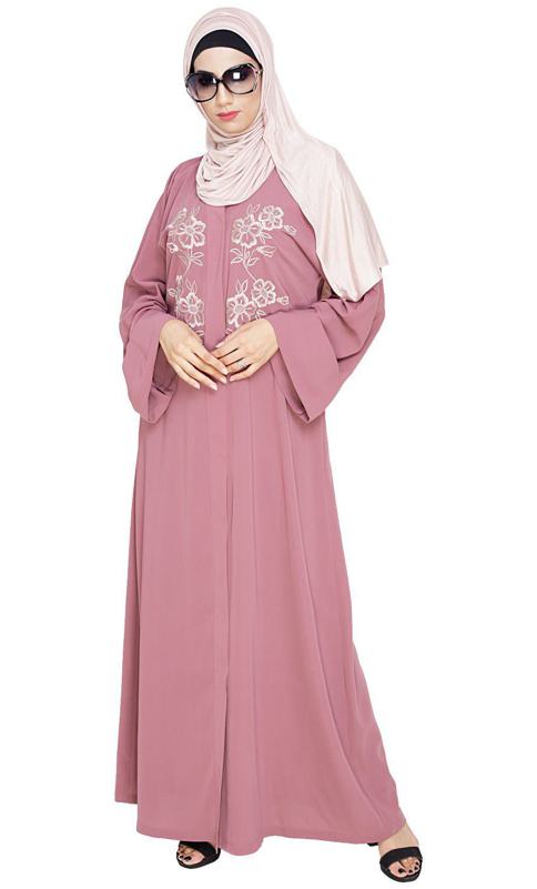 Floweret Embroidered Onion Pink Dubai Style Abaya