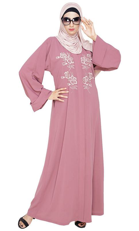 Floweret Embroidered Onion Pink Dubai Style Abaya