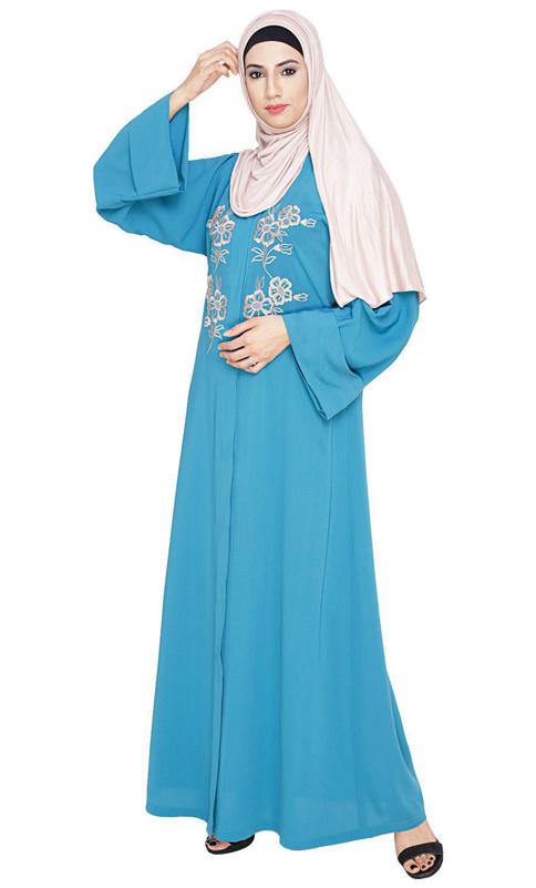 Floweret Embroidered Teal Blue Dubai Style Abaya