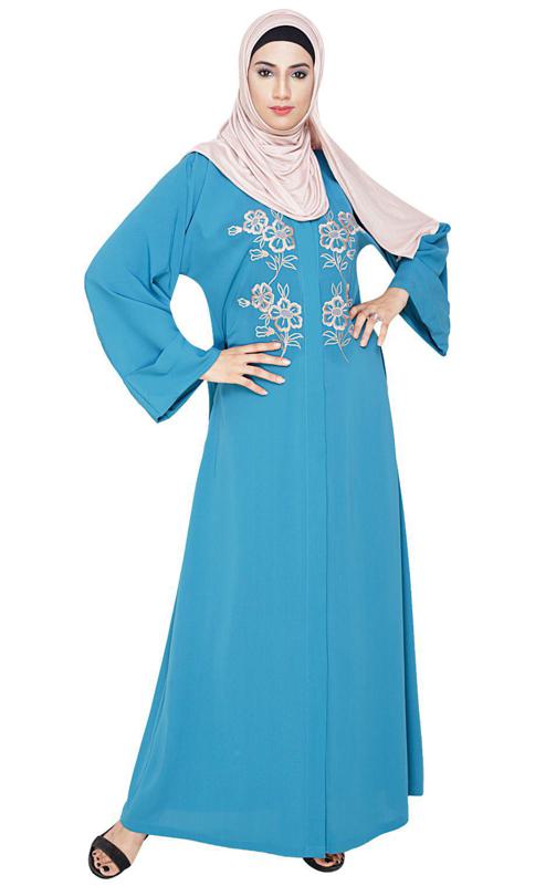 Floweret Embroidered Teal Blue Dubai Style Abaya