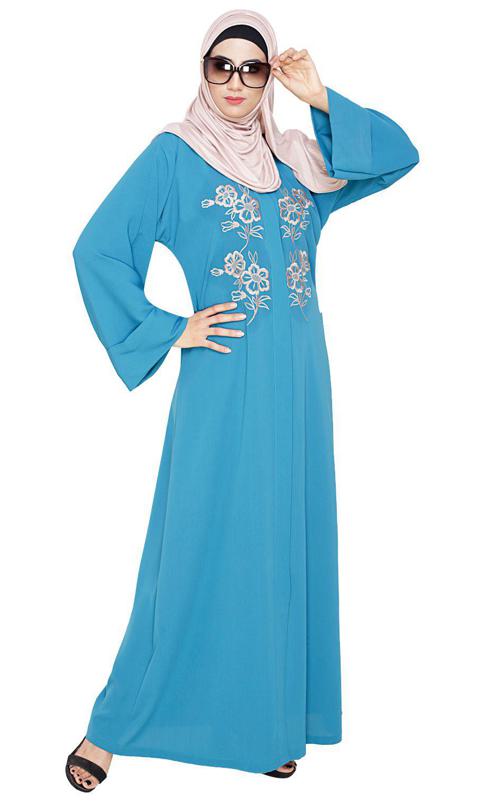 Floweret Embroidered Teal Blue Dubai Style Abaya