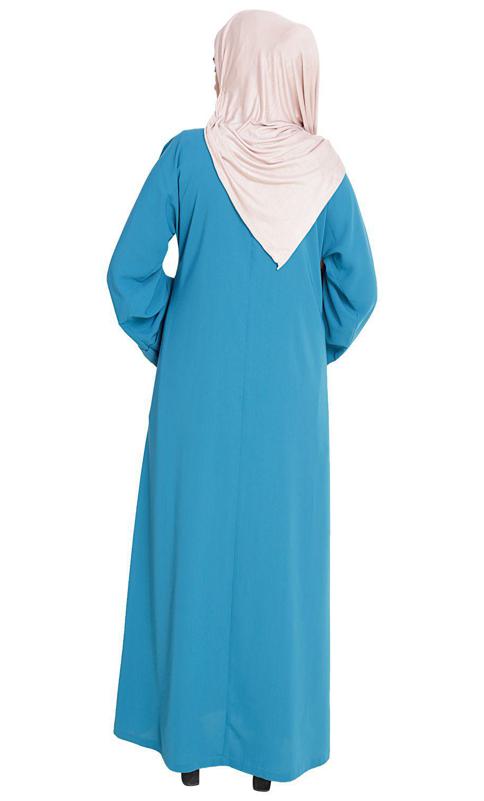 Floweret Embroidered Teal Blue Dubai Style Abaya