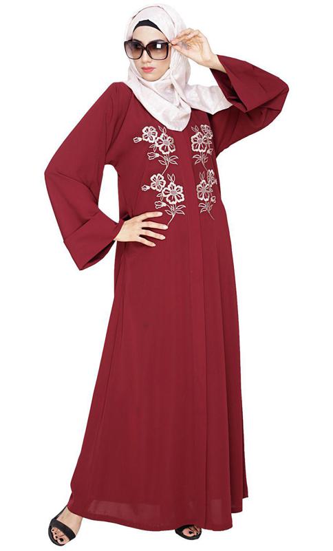 Floweret Embroidered Wine Dubai Style Abaya