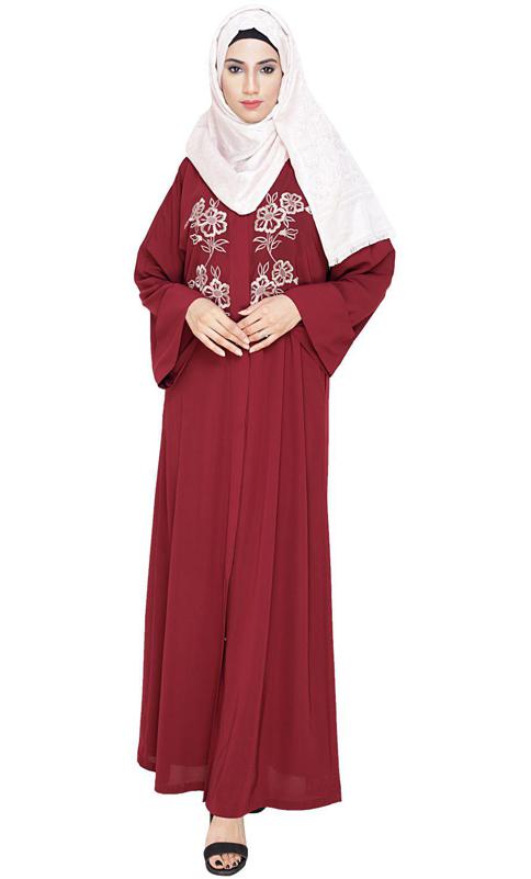 Floweret Embroidered Wine Dubai Style Abaya