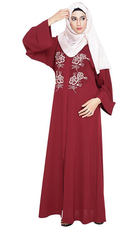 Floweret Embroidered Wine Dubai Style Abaya