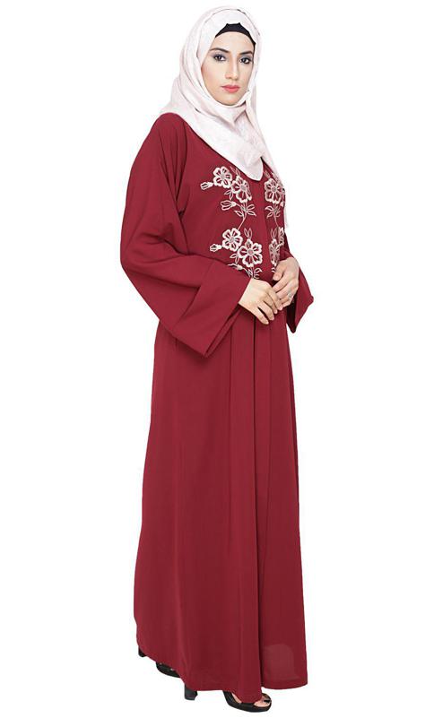 Floweret Embroidered Wine Dubai Style Abaya