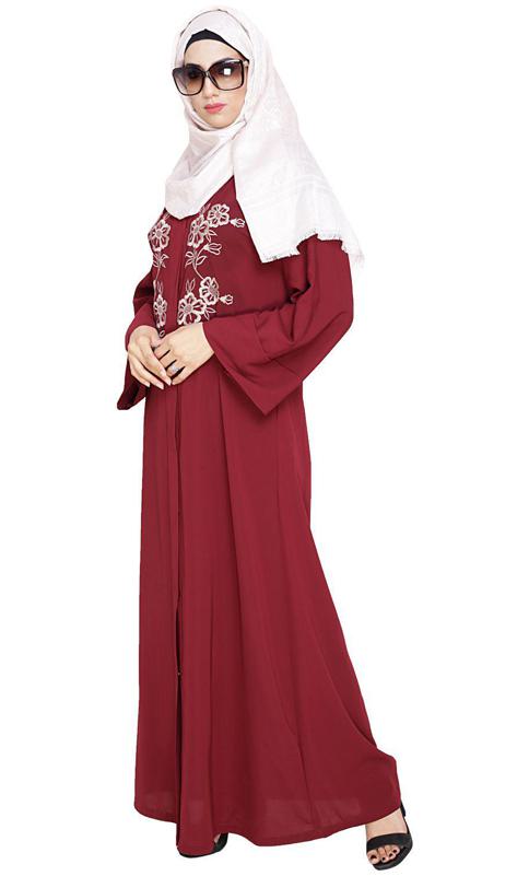 Floweret Embroidered Wine Dubai Style Abaya