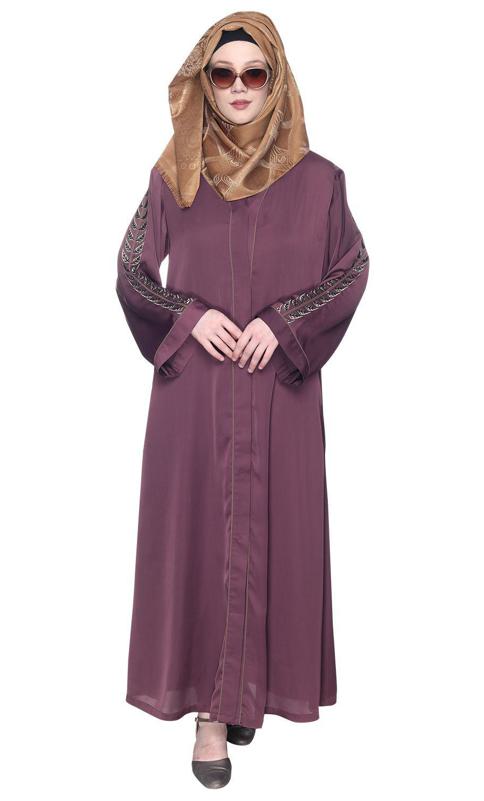 Formal Imperial Purple Abaya With Gleaming Embroidered Sleeves