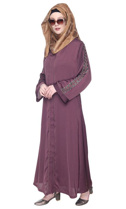 Formal Imperial Purple Abaya With Gleaming Embroidered Sleeves