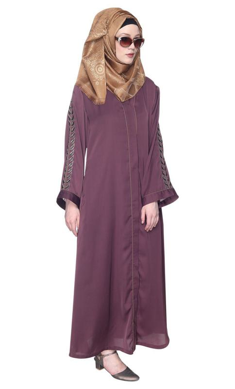 Formal Imperial Purple Abaya With Gleaming Embroidered Sleeves