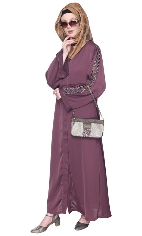 Formal Imperial Purple Abaya With Gleaming Embroidered Sleeves