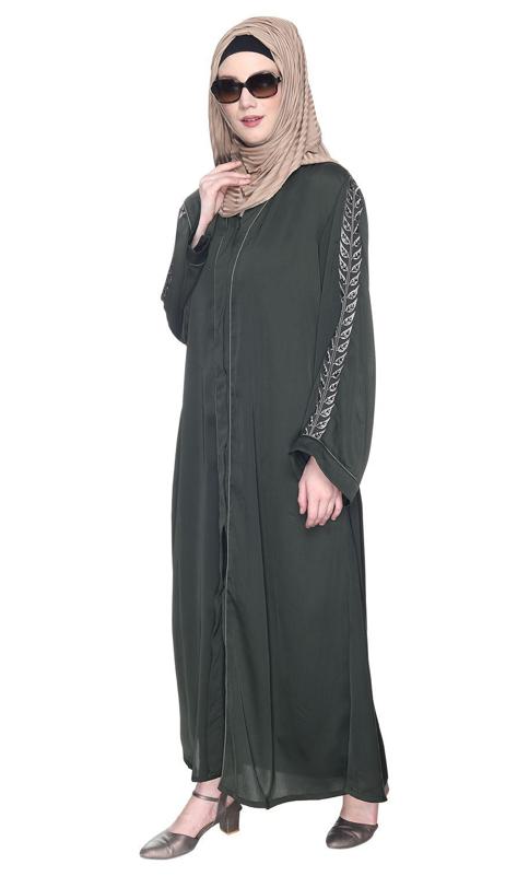 Formal Olive Green Abaya With Gleaming Embroidered Sleeves (Made-To-Order)