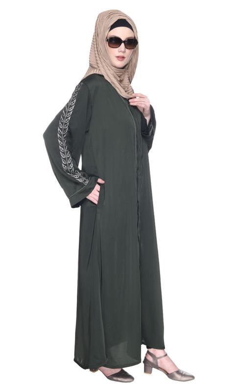 Formal Olive Green Abaya With Gleaming Embroidered Sleeves (Made-To-Order)