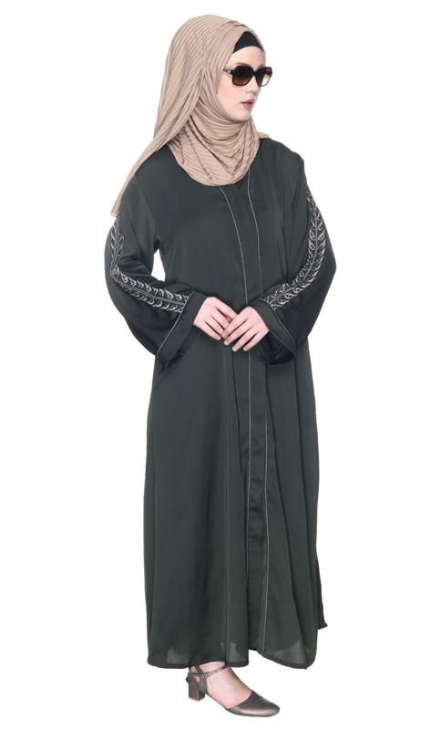 Formal Olive Green Abaya With Gleaming Embroidered Sleeves (Made-To-Order)
