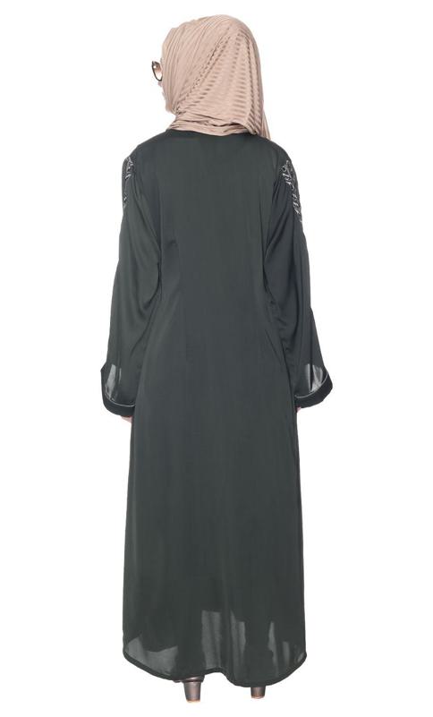 Formal Olive Green Abaya With Gleaming Embroidered Sleeves (Made-To-Order)