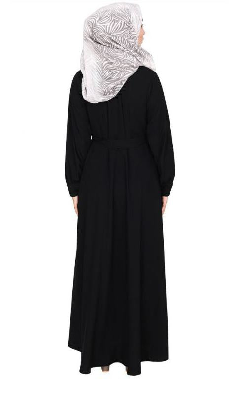 Gathered Neck Black Maxi Dress With Belt (Made-To-Order)