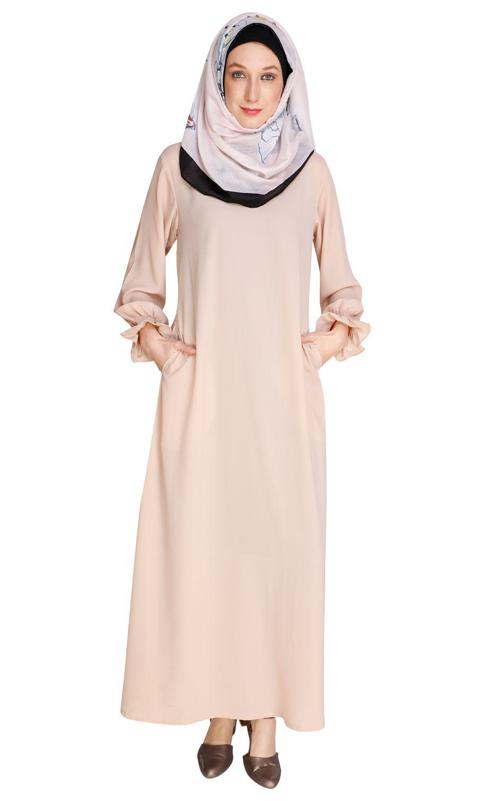 Gathered Sleeves Beige Abaya