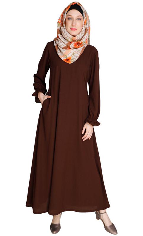 Gathered Sleeves Brown Abaya (Made-To-Order)