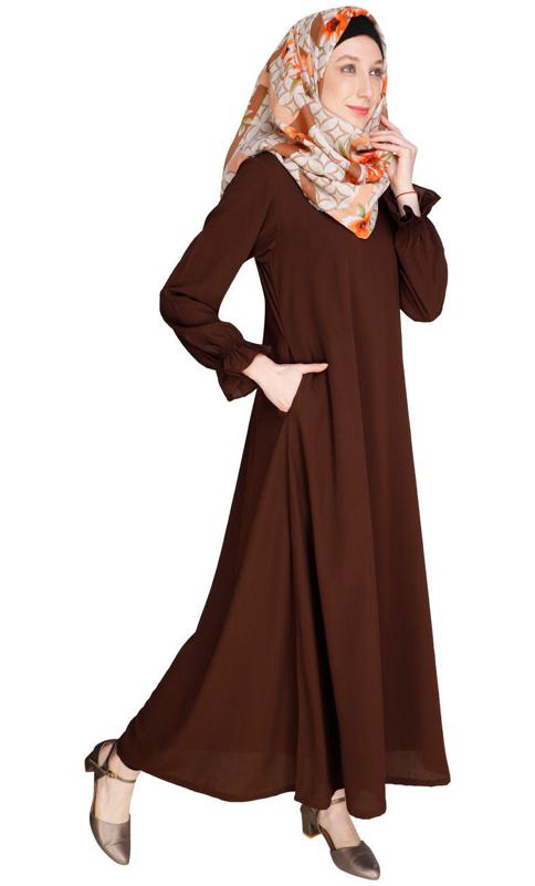 Gathered Sleeves Brown Abaya (Made-To-Order)