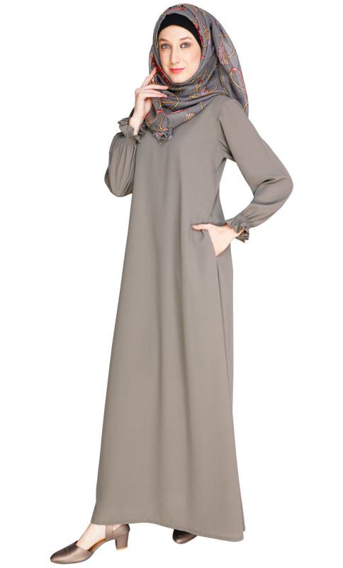 Gathered Sleeves Grey Abaya