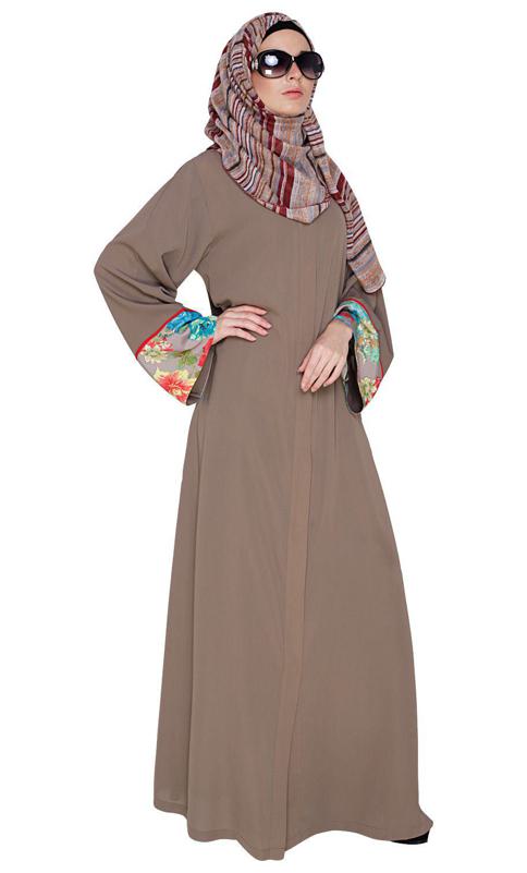 Graceful Ash Brown Printed Dubai Style Abaya