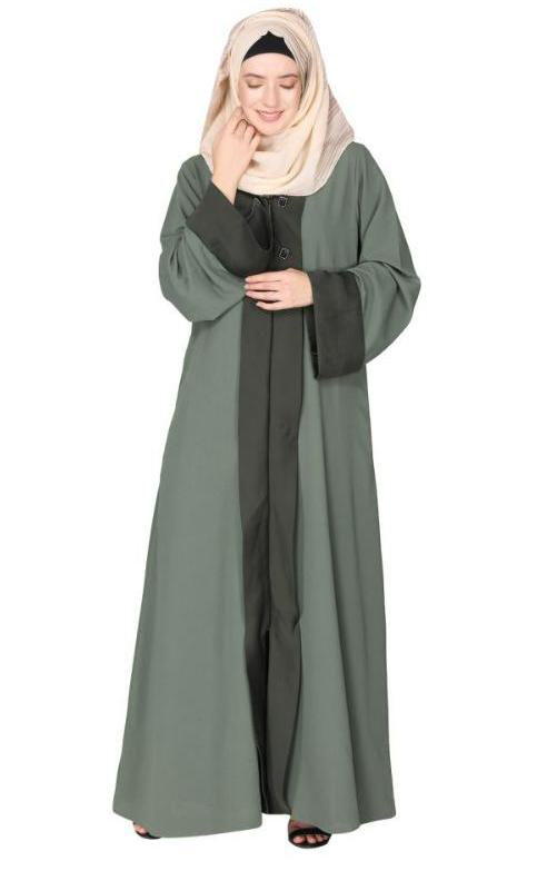 Graceful Curtains Style Front Open Dead Mint Abaya With Designer Show Buttons