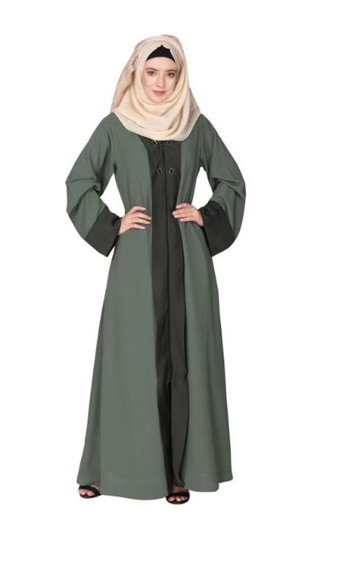 Graceful Curtains Style Front Open Dead Mint Abaya With Designer Show Buttons