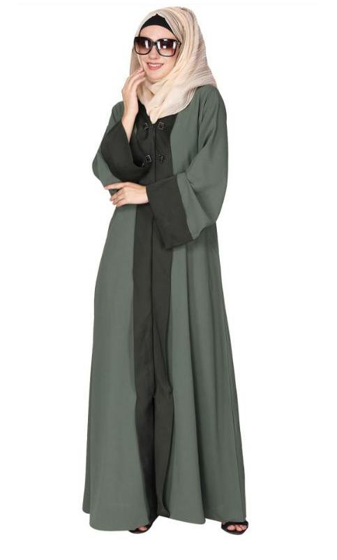 Graceful Curtains Style Front Open Dead Mint Abaya With Designer Show Buttons