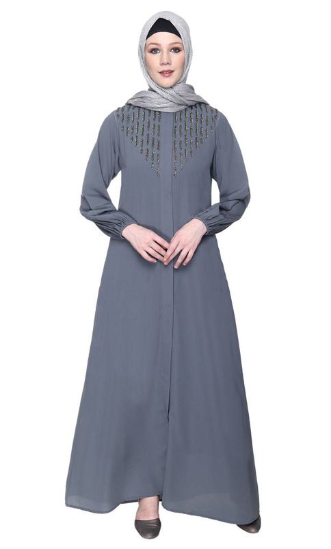 Grey Abaya With Flashy Metallic Beads Embroidery
